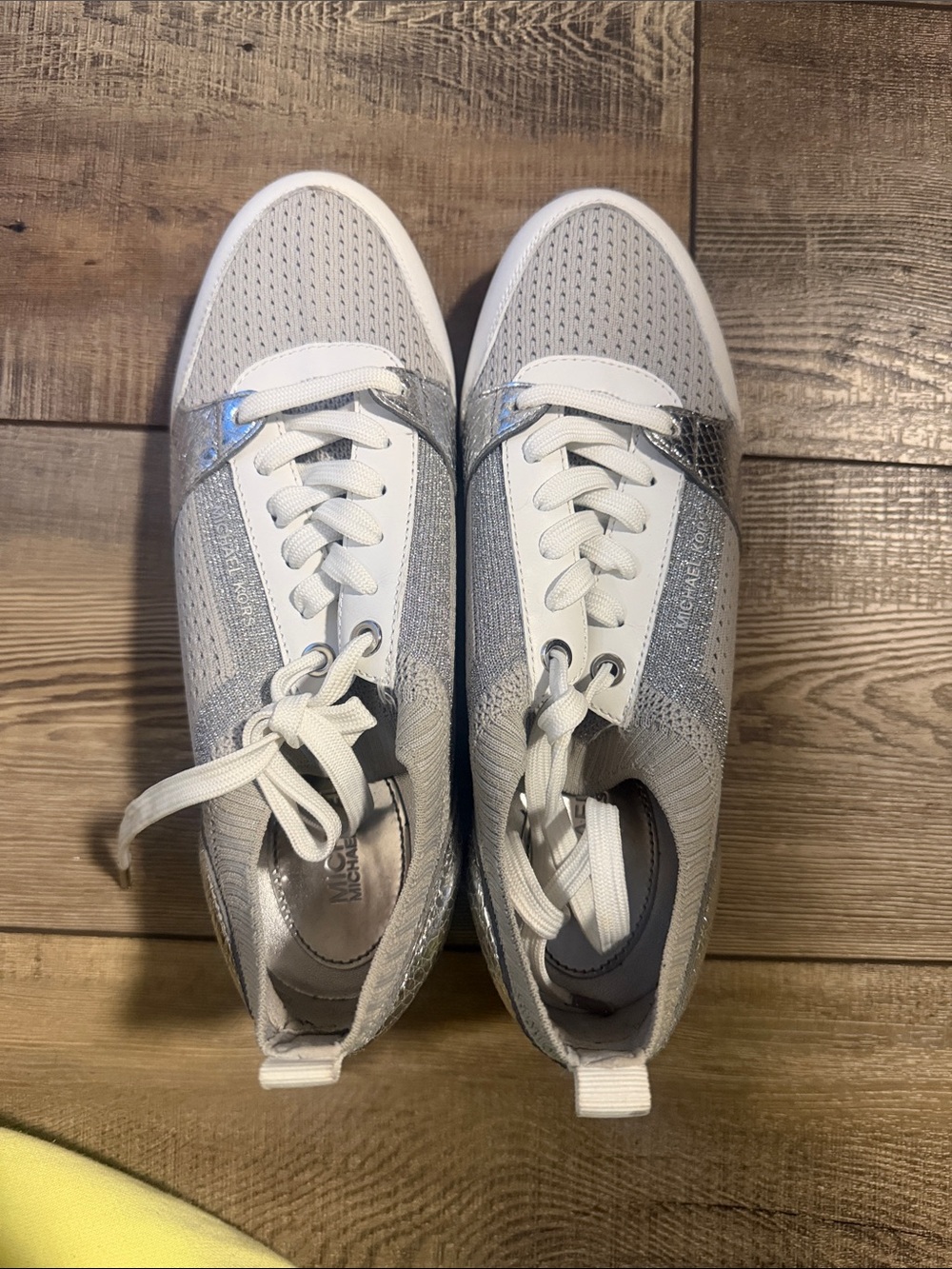 Michael Kors White and Gray Knit Lace-Up Sneakers with Metallic Accent - Picture 5 of 7